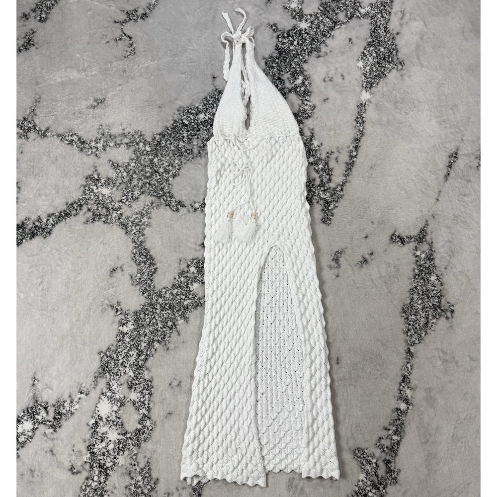 Olivaceous Shelby Knit Maxi Dress Womens L White Tie Back Halter Neck Textured
